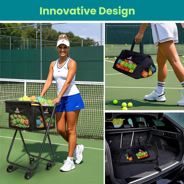 Tennis Ball Hopper Cart with 4 Wheels – Foldable, Large Capacity Pickleball & Tennis Ball Collector for Court Training & Coaching