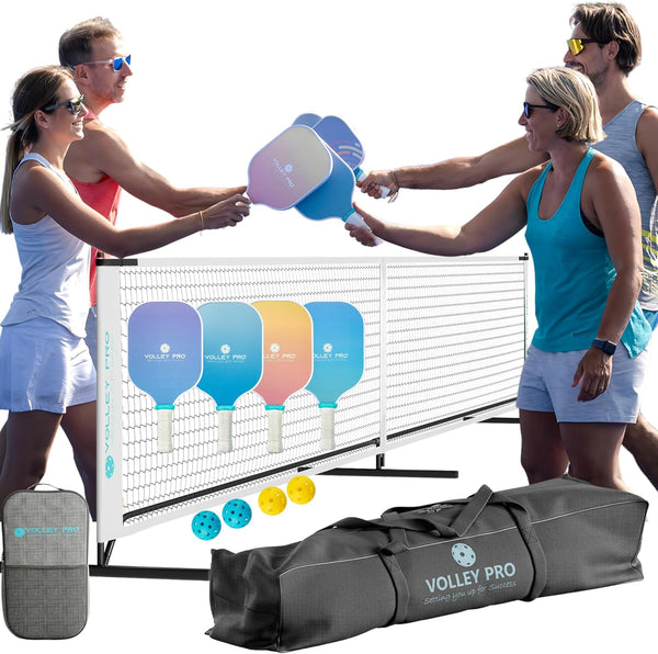 Volleypro Portable Pickleball Set with Net | 4 Carbon Fiber Paddles, Duffle Bag, Regulation Size Pickleball Net System, Assembly Manual, 4 Indoor/Outdoor Pickleball Balls and Carry Bag