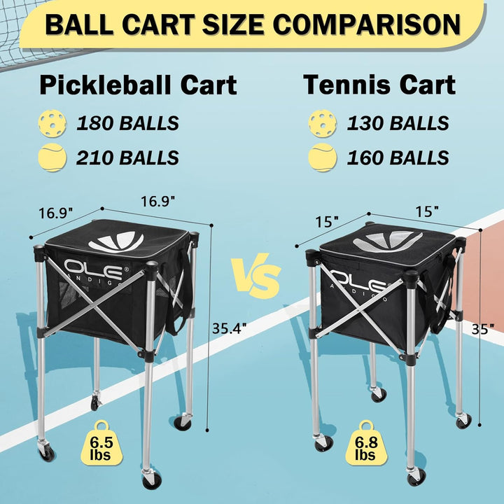 Pickleball Cart,Tennis Balls Hopper,Can Holds 180 Pickleballs or 210 Tennis Balls,Lightweight Ball Cart with Wheels,Pickle Ball Equipment,Ball Caddy for Training Travel