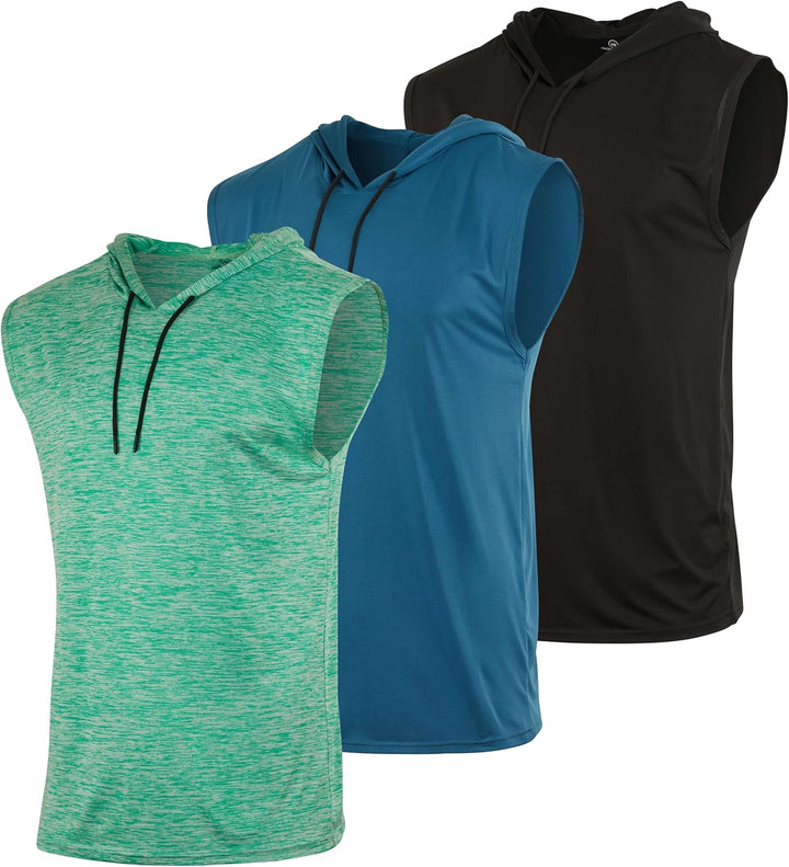 3 Pack: Mens Dry-Fit Active Hooded Tank Top - Workout Sleeveless Hoodie Drawstring (Available in Big & Tall)