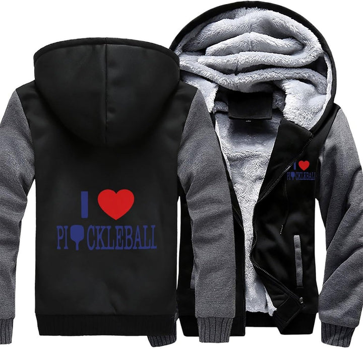 I Love Pickleball Hoodies Thick Full Zipped Jacket Graphic Hooded Sweatshirt Fleece Sweater