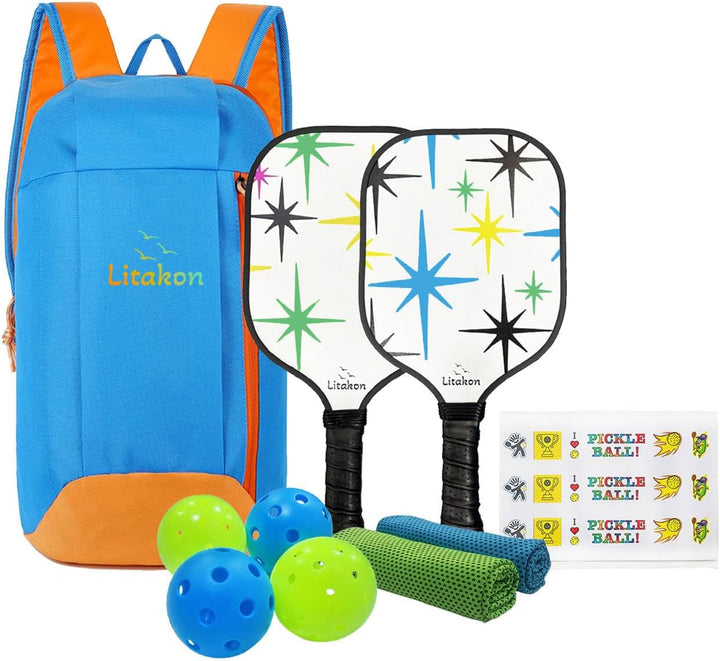 Premium Youth Pickleball Paddle Set, 2 Fiberglass Kids Paddles with Honeycomb Core, Bundle of Lightweight Fiberglass Rackets for Kids Age 4-12, Backpack, 4 Balls, 2 Kids Rackets