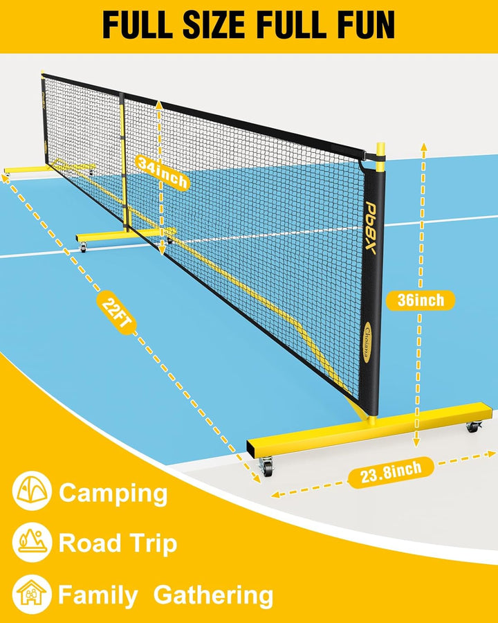 Pickleball Net with Wheels, Pickle Ball Net Portable Outdoor with 22Ft Regulation Size Net, Court Markers, Durable Frame PE Knited Pickleball Practice Net System for Backyard Driveway