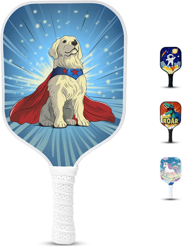 Kids Pickleball Paddle - Playful Dog Design | Lightweight Fiberglass Paddle for Children under 12 (Only 0.37 Lbs) | Small Grip for Easy Handling | Junior Youth Paddle for Boys & Girls