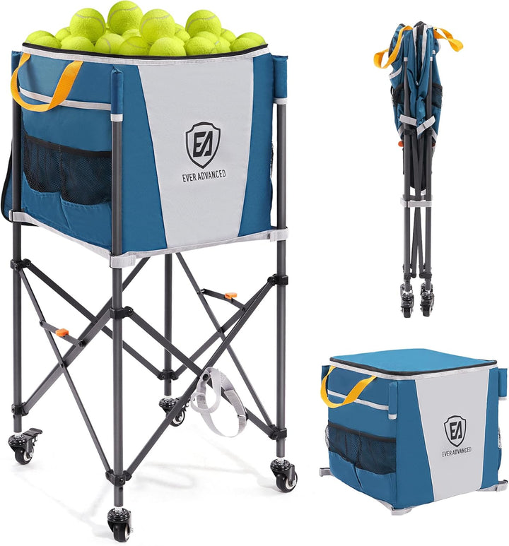 150 Tennis Capacity Ball Hopper Rolling Ball Cart with Side Pockets, 16.2 X 16.2In Folding Pickleball Basket with Wheels, Sports Equipment Organizer for Baseball Training/Practice, Blue