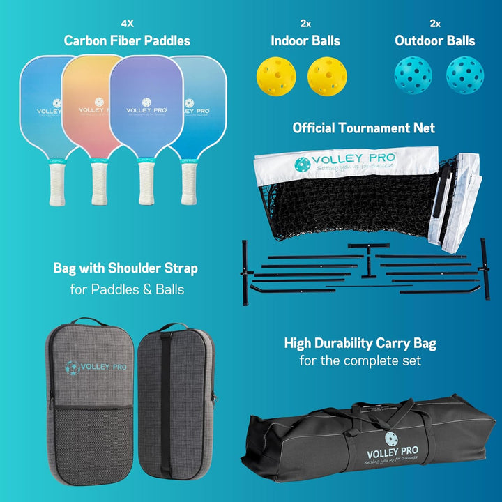 Volleypro Portable Pickleball Set with Net | 4 Carbon Fiber Paddles, Duffle Bag, Regulation Size Pickleball Net System, Assembly Manual, 4 Indoor/Outdoor Pickleball Balls and Carry Bag