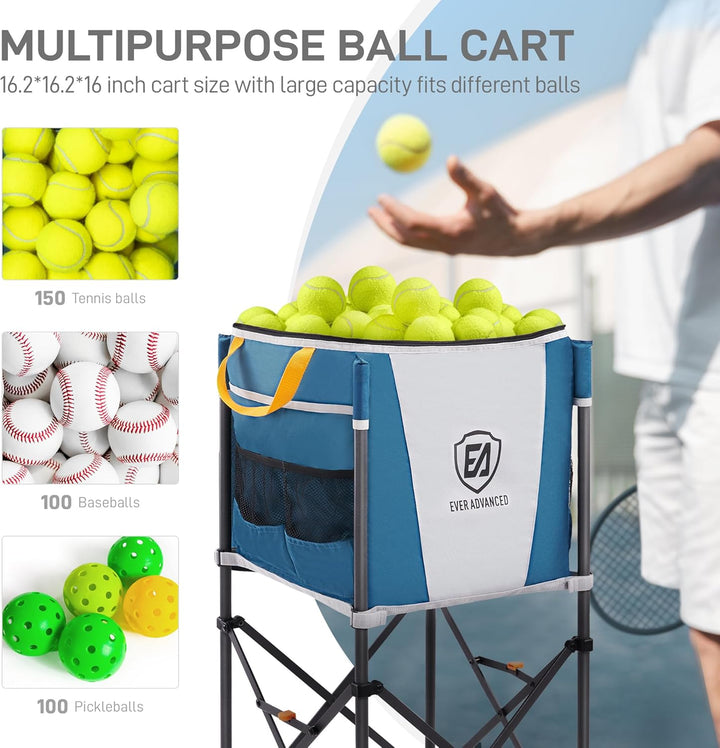 150 Tennis Capacity Ball Hopper Rolling Ball Cart with Side Pockets, 16.2 X 16.2In Folding Pickleball Basket with Wheels, Sports Equipment Organizer for Baseball Training/Practice, Blue