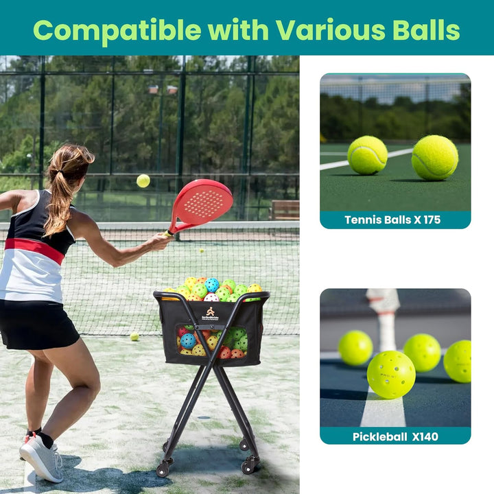 Tennis Ball Hopper Cart with 4 Wheels – Foldable, Large Capacity Pickleball & Tennis Ball Collector for Court Training & Coaching