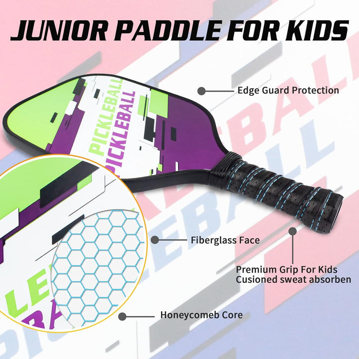 Kids Pickleball Paddles Set of 2 - Child Size Pickleball Set of 2 for Kids - Fiberglass Youth Pickle Ball Paddle Set with Bag - Pickleball Gifts for Children under 12