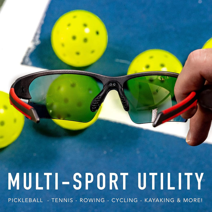 Pickleball Sunglasses - All Sport UV Glasses for Tennis, Pickleball, Cycling, Rowing + More - Athletic Shades with Headband + Carry Bag, Red