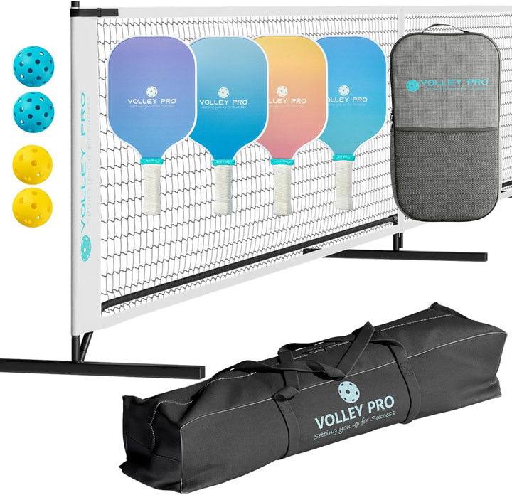 Volleypro Portable Pickleball Set with Net | 4 Carbon Fiber Paddles, Duffle Bag, Regulation Size Pickleball Net System, Assembly Manual, 4 Indoor/Outdoor Pickleball Balls and Carry Bag